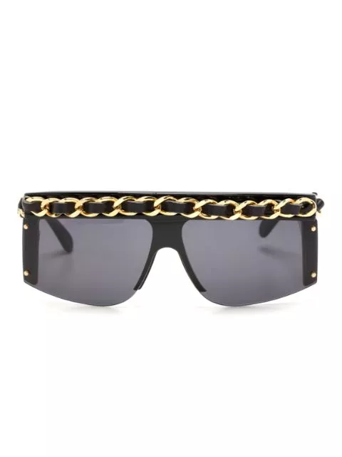 HOT SALE CHANEL 1990-2000 leather-and-chain trimmed shield sunglasses Women 0127